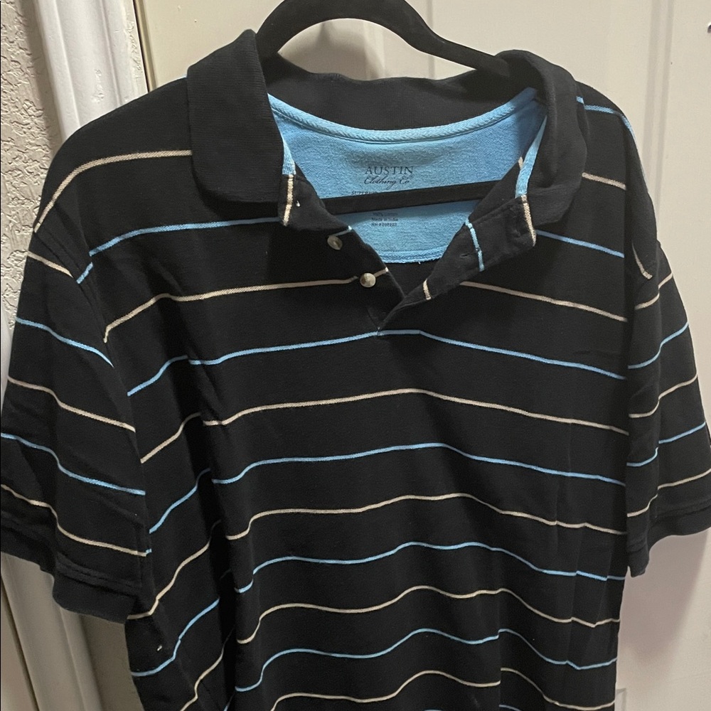Austin Clothing Co. Black Polo with Blue and Tan Stripes